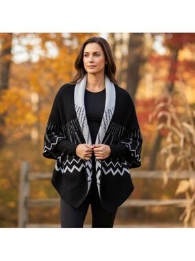 Madison 88 Knit Shawl, Wrap Women’s One Size Black & Gray Poncho Cardigan